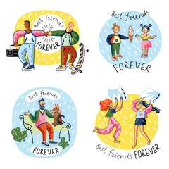 Best friend forever set. Bundle of young man, boys, girl, woman spending time together, skateboarding, share ice cream, caring dog, pillow fighting. Friendship, childhood concept. Vector illustration.