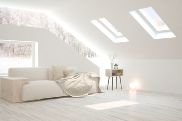 White living room with sofa and winter landscape in window. Scandinavian interior design. 3D illustration