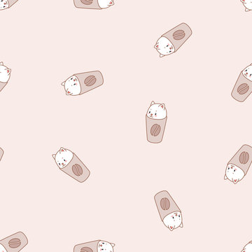 Cute kitten pattern. Illustration of cute white kittens sitting in paper coffee cups on a brown background. Vector 8 EPS.