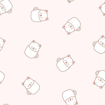 Cute kitten pattern. Illustration of cute white kittens sitting in white mugs on a light pink background. Vector 8 EPS.
