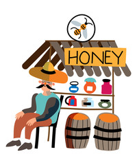 Vector character man sells sweet honey at market