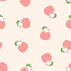 Fototapeta premium Apple pattern. Illustration of cute white kittens with apples on a light pink background. Vector 8 EPS.