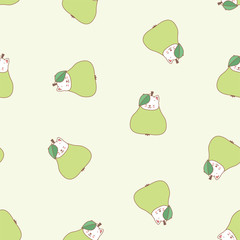 Pear pattern. Illustration of cute white kittens with pears on a light green background. Vector 8 EPS.