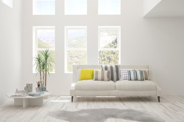 White living room with sofa. Scandinavian interior design. 3D illustration