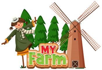 Word design for my farm with scarecrow and windmill