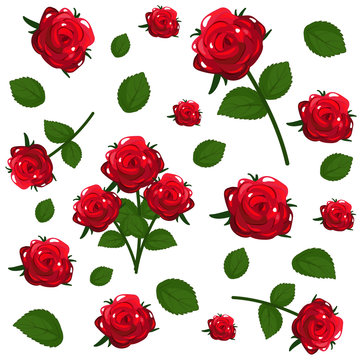 Set of cute red roses flowers and leaf