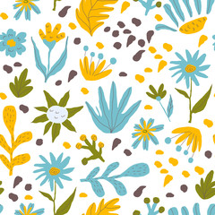 Stylized Flowers and Leaves Foliage and Flora Shapes in Vector Seamless Pattern