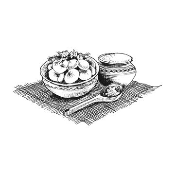 Bowl Full with Dumplings Served with Spoon and Sour Cream Vector Illustration