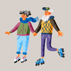 Seniors roller skate flat vector illustration