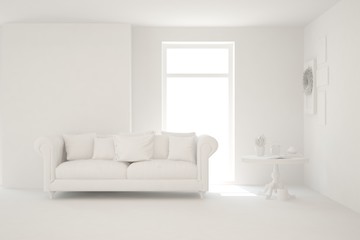 White minimalist living room with sofa. Scandinavian interior design. 3D illustration