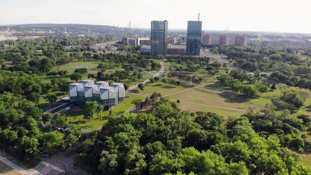 Usce park and Usce towers in Belgrade, Serbia. Aerial drone video.