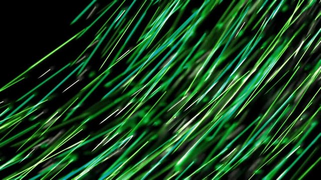 Beautiful curving stream of colored stripes on black background. Animation. Gentle flow of short colored lines that bend and straighten in motion