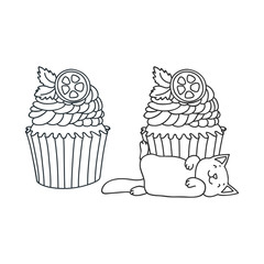 Cupcake and kitten. Cute illustration of a lemon cupcake and a little white kitten sleeping in front of a cupcake. Objects isolated on white. Vector 8 EPS.