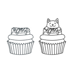 Cupcake and kitten. Cute illustration of a cupcake with donut and a little white kitten sitting in a cupcake. Objects isolated on white. Vector 8 EPS.