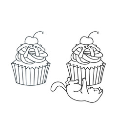 Cupcake and kitten. Cute illustration of a cherry cupcake and a little white kitten playing with a cupcake. Objects isolated on white. Vector 8 EPS.