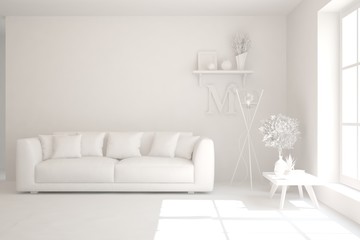 White minimalist living room with sofa. Scandinavian interior design. 3D illustration