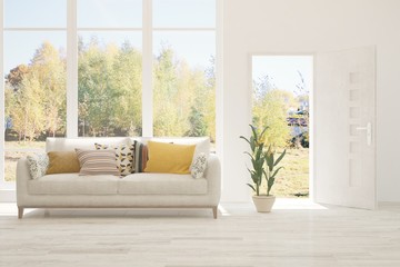 White living room with sofa and open door with nature view. Scandinavian interior design. 3D illustration
