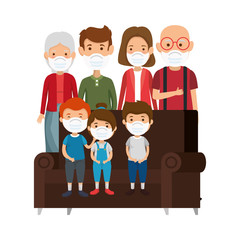 cute family using face mask with couch vector illustration design