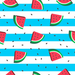 Watermelon Seamless Pattern Vector illustration. watermelon slices on blue and white stripes background.