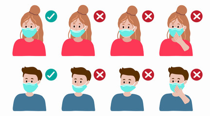 How to correctly wear a mask to prevent the spread of bacteria,coronavirus.Vector illustration for poster.Editable element