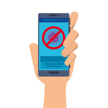 hand using campaign of stop covid 19 in smartphone vector illustration design