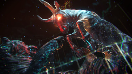 3d render background with bear and bull. Trading concept illustration. Graphs, particles, depth of field.