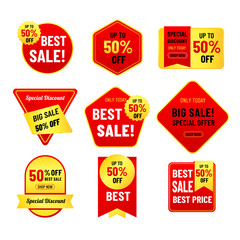 Set of red and gold Sale banner. Label discount design for marketing and advertisement.