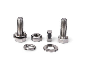 Hex bolt nut and washer on white background