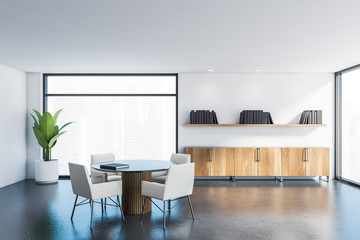 White stylish home library interior with cabinets