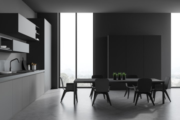 Gray kitchen interior with table, side view
