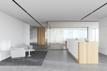 Reception and lounge in white and glass office