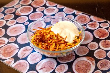 Vegetable and meat salad, classic salad for lunch in a restaurant