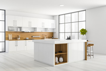 White and wood kitchen corner with bar