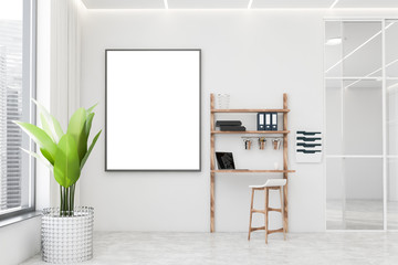 White home office interior with stool and poster