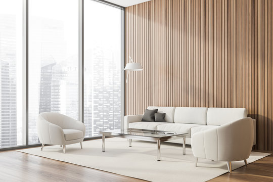 Panoramic Wood Lounge Corner, Armchairs And Sofa