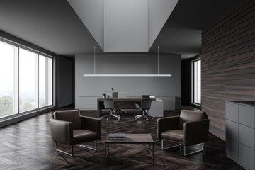 Naklejka na ściany i meble Gray and wood CEO office with lounge