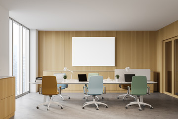 Wooden open space office interior with poster