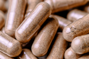 Capsules made with natural products. Macrobiotic product concept.
