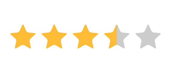 Three and half stars, customer quality symbol, vector product rating review flat icon for hotel, restaurant etc