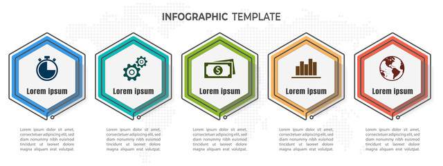 Hexagon timeline infographic 5 options.