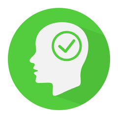 White human head silhouette and green checkmark icon. Tick in green circle. Abstract concept. Flat design