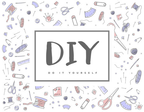 DIY concept: spool of thread, needles, rulers, scissors, pins, thimbles, buttons