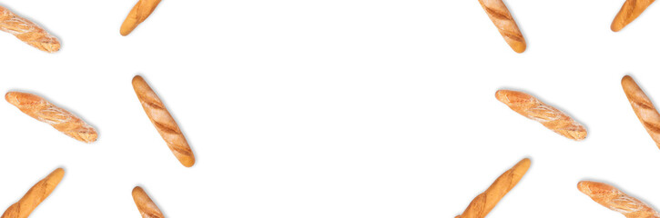 Pattern with fresh bread baguette loaf isolated on white. Flat lay, top view.