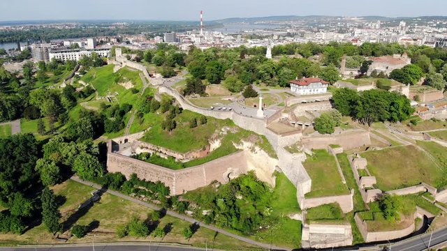 Drone video of Kalemegdan fortress and belgrade city skyline