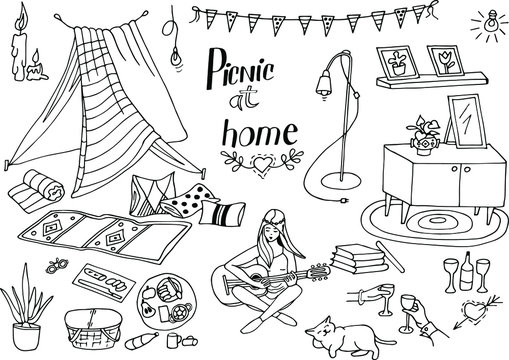 Vector illustration. Linear drawing. Dudling. Picnic house with tent, food, cat, guitar songs, candles, romance. Manual drawing