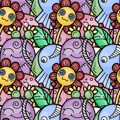 Kawaii seamless pattern of friendly doodle monsters,cute and fun variety of colors animals
