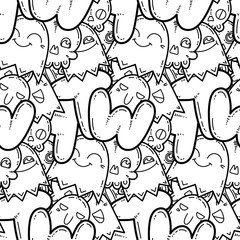 WTF. Kawaii seamless pattern of friendly doodle monsters,cute and fun variety of colors animals