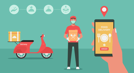 Delivery man with food bag waiting for customer. Hand holding smartphone with mobile app for online delivery tracking order service. Technology logistic concept, new normal, vector flat illustration