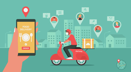 Delivery man riding bike on the way to customer home. Hand using smartphone with mobile app for online food delivery tracking order service. Smart technology logistic concept, vector flat illustration