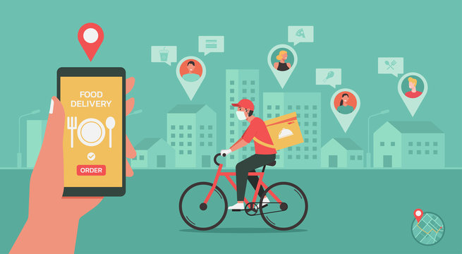 Delivery Man Riding Bike On The Way To Customer Home. Hand Using Phone With Mobile App For Online Food Delivery Tracking Order Service. Smart Technology Logistic Concept, Vector Flat Illustration